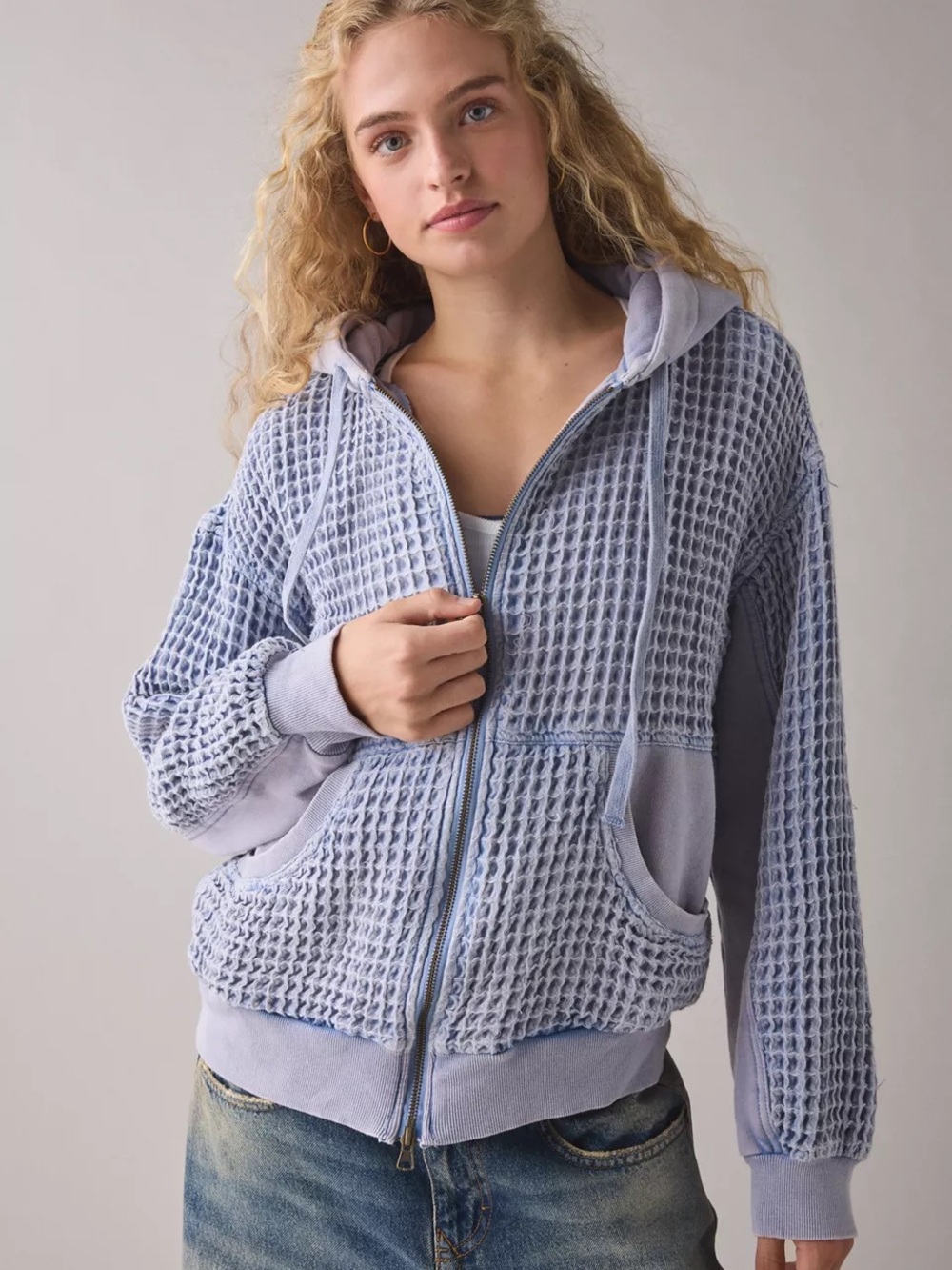 BDG Field Day Waffle Knit Zip Up Hoodie Sweatshirt
